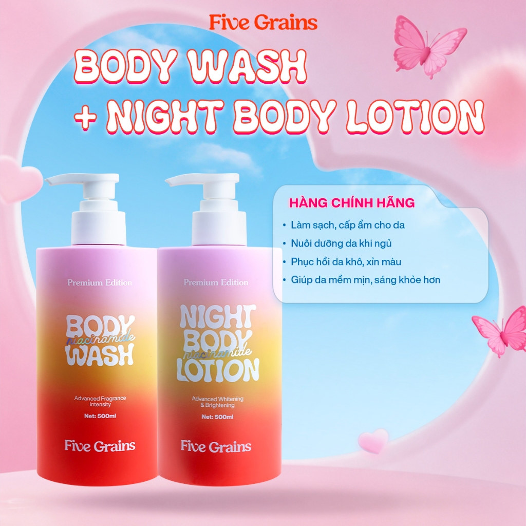 Combo dưỡng trắng da body sữa tắm, kem dưỡng ban đêm Five Grains Niacinamide, Alpha-Arbutin 500ml | BigBuy360 - bigbuy360.vn