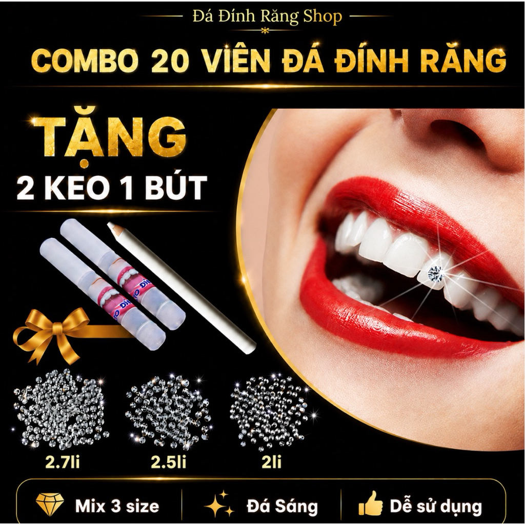 [ Mix 3 size ]Combo 20v Đá Đính Răng đủ size kèm 2 Keo 1 đính Bút đính( đá chân bằng).