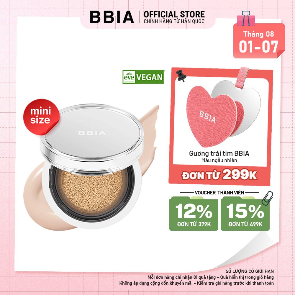 Cushion mini dưỡng ẩm căng bóng, bền màu BBIA Eau Glow Cushion Mini Eau Edition 4g