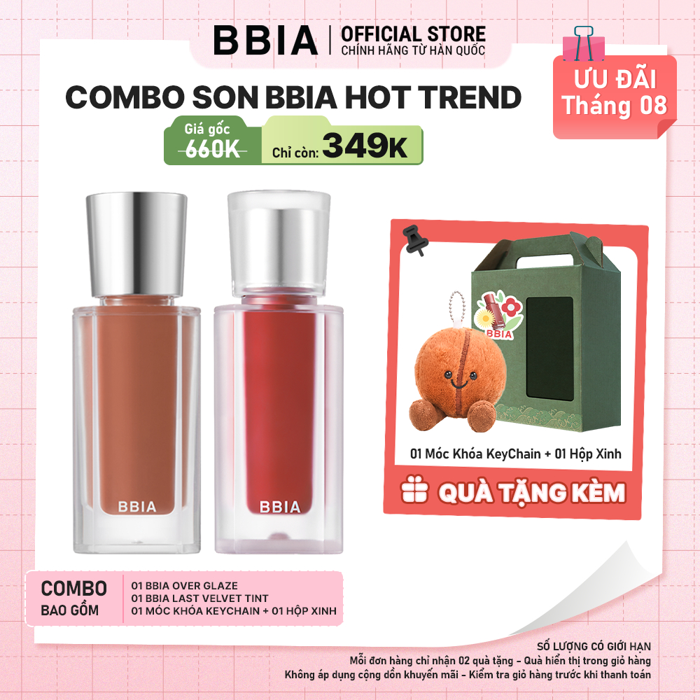 COMBO Son BBIA Hot Trend: 01 Son bóng mượt mà BBIA Over Glaze + 01 Son kem nhung thuần chay BBIA Last Velvet Tint