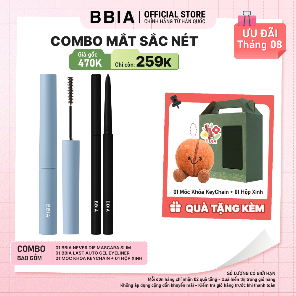 COMBO Mắt Sắc Nét: 01 Mascara tơi mi, không lem BBIA Never Die Slim + 1 Kẻ mắt chống nước BBIA Last Auto Gel Eyeliner