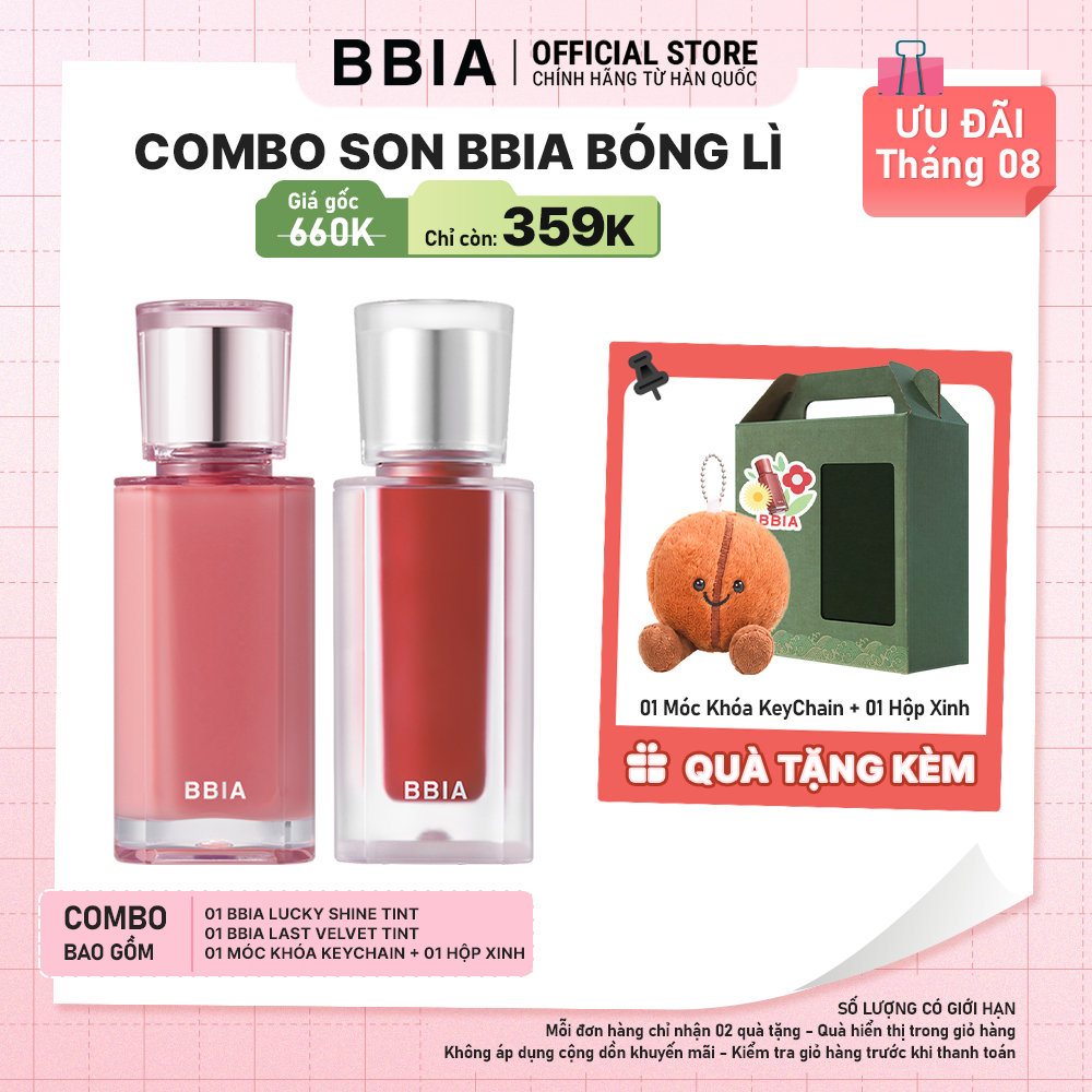 COMBO Son BBIA Bóng Lì: 01 Son tint bóng BBIA Lucky Shine Tint + 01 Son kem nhung thuần chay BBIA Last Velvet Tint