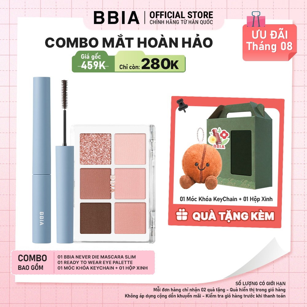 COMBO BBIA Mắt Hoàn Hảo: 1 Mascara tơi mi,không lem BBIA Never Die Slim + 1 Bảng phấn mắt 6 ô Ready To Wear Eye Palette