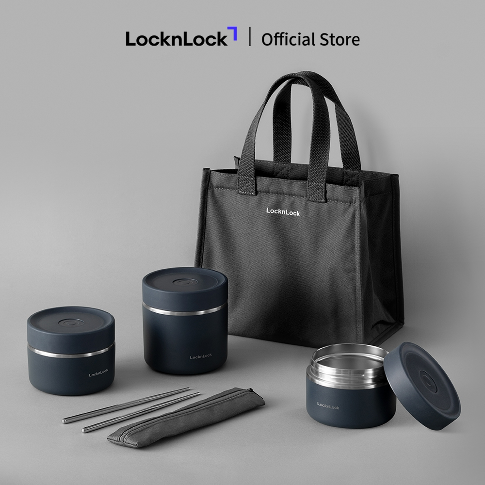 Bộ hộp cơm giữ nhiệt Lock&Lock Pump Vacuum Lunch Box (300ml*2, 500ml*1, bộ đũa và thìa, túi) LHC8052S02 | BigBuy360 - bigbuy360.vn