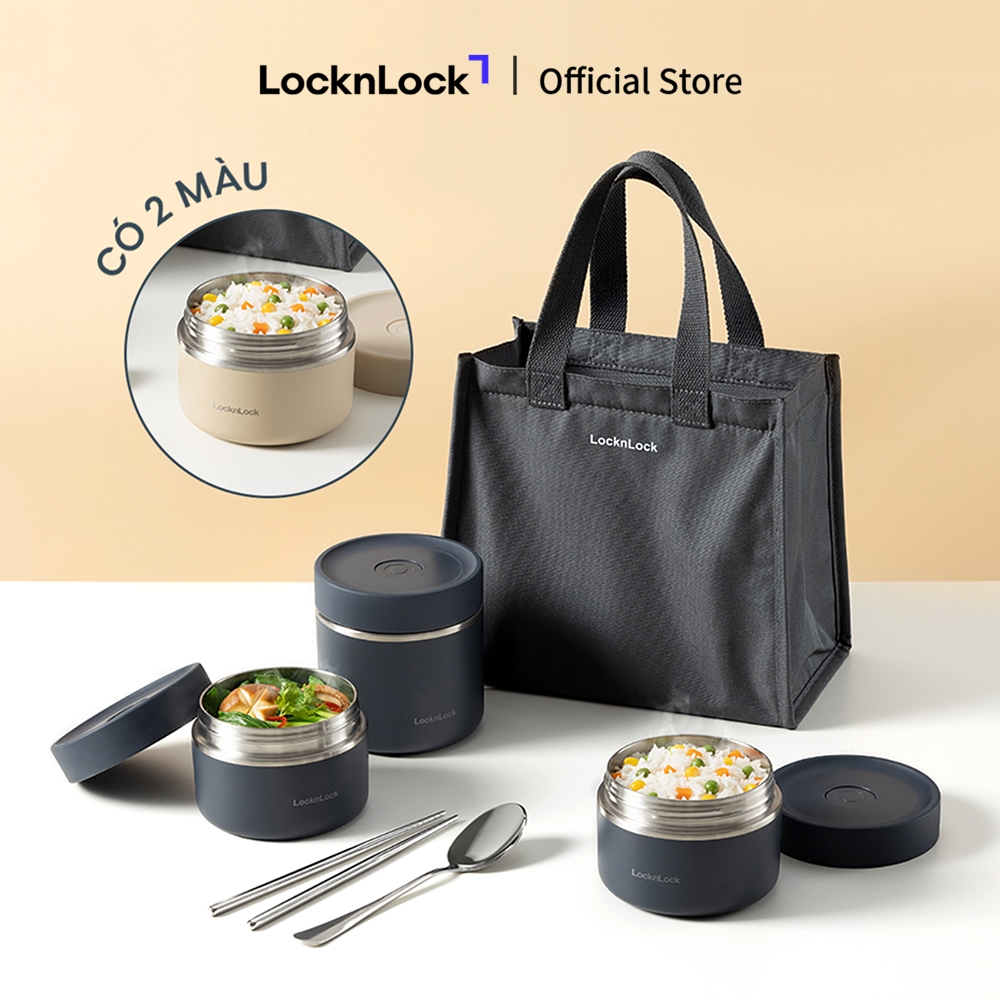 Bộ hộp cơm giữ nhiệt Lock&Lock Pump Vacuum Lunch Box (300ml*2, 500ml*1, bộ đũa và thìa, túi) LHC8052S02 | BigBuy360 - bigbuy360.vn