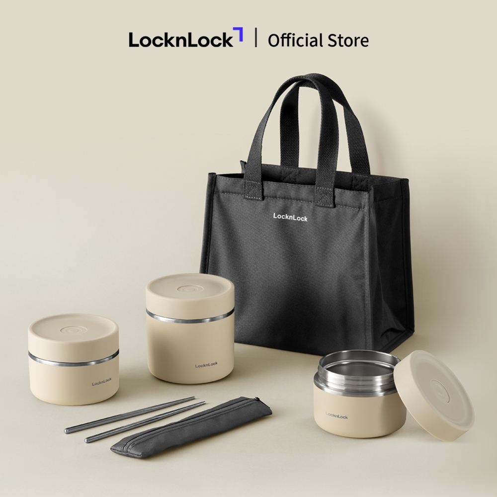 Bộ hộp cơm giữ nhiệt Lock&Lock Pump Vacuum Lunch Box (300ml*2, 500ml*1, bộ đũa và thìa, túi) LHC8052S02 | BigBuy360 - bigbuy360.vn