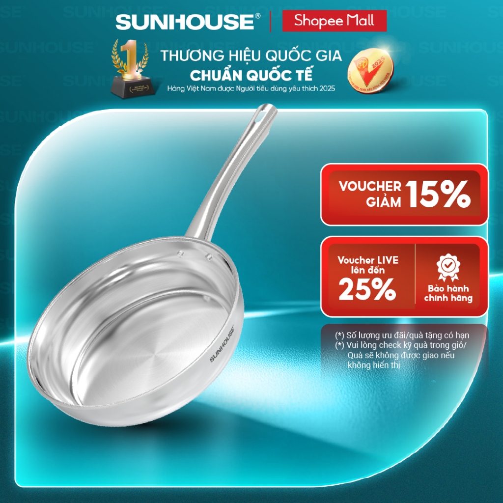 [Mã độc quyền online] Chảo inox 304 đa lớp Sunhouse IN20-24-26M7E - 3 lớp inox liền khối - Dùng mọi loại bếp
