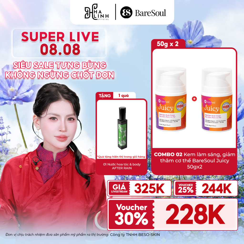COMBO 2 Kem làm sáng, giảm thâm cơ thể BareSoul Juicy 50gx2 TẶNG 1 chai nước hoa tóc After Rain 10ml