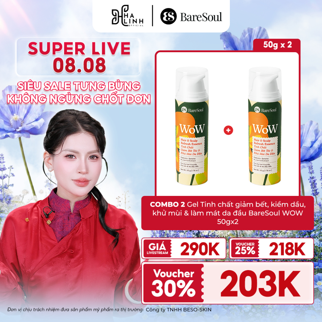 COMBO 2 Gel Tinh chất giảm bết, kiềm dầu, khử mùi & làm mát da đầu BareSoul WOW 50gx2