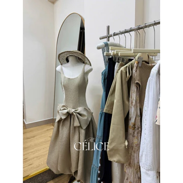 CÉLICE~<58KG váy nơ to nữ váy dài nữ chính chủ váy màu vàng váy thiết kế nữ váy hai dây nữ đầm thiết kế nữ