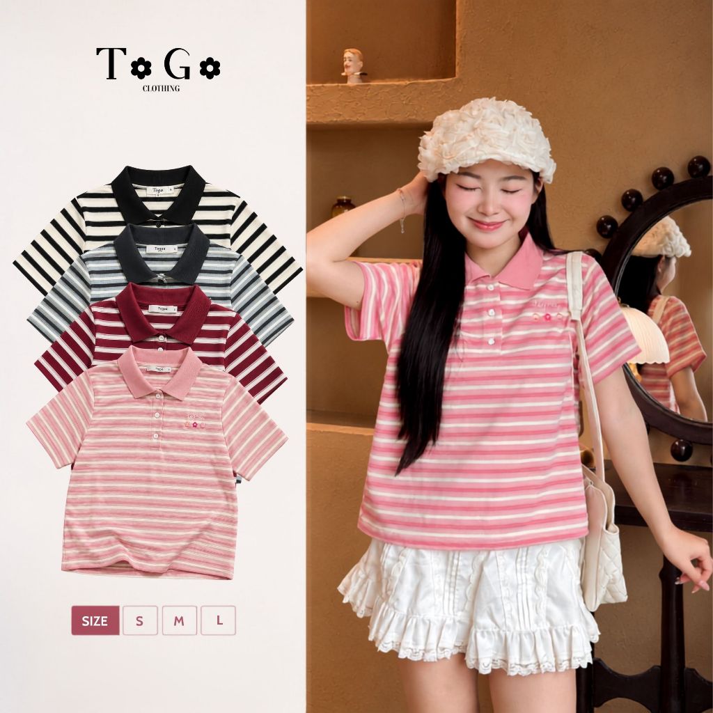 Áo Polo Nữ Chất Vải Thun Gân Sọc Nổi, Cổ Bẻ Kẻ Ngang Phong Cách Hàn Quốc -  POLO STYLE