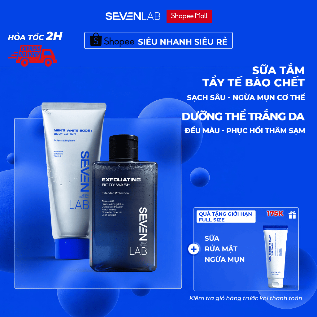 Combo sữa tắm tẩy tế bào chết và sữa dưỡng thể trắng da nam SEVENLAB giúp ngăn ngừa mụn lưng, cơ thể, mờ thâm, đều màu
