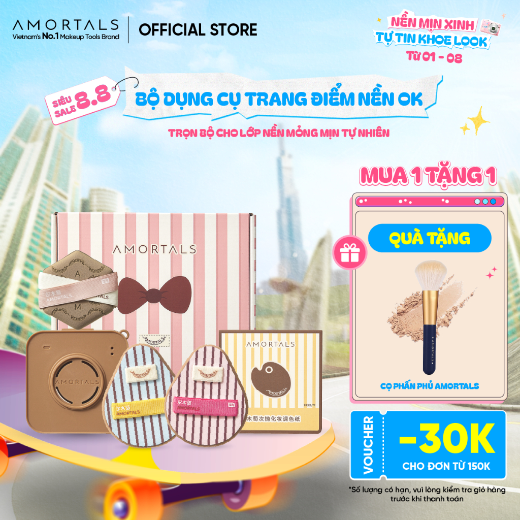Bộ Bông Mút & Cọ Tán Nền Amortals OK 6 Món – Trọn Bộ Trang Điểm Dễ Dùng Cho Người Mới, Nền Mịn Lì