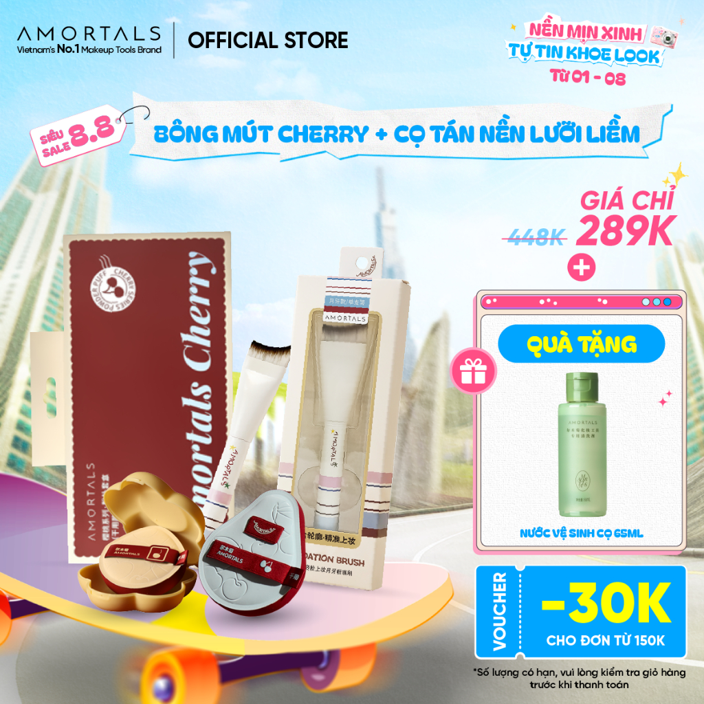 Bông Mút Trang Điểm Amortals Cherry Series – Bề Mặt Nhung Mịn, Đàn Hồi, Tán Nền Nhanh, Không Hút Kem, Kèm Hộp Hoa