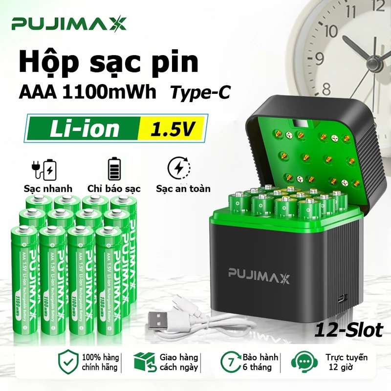 Bộ Sạc Pin thông minh 12 Khe AAA 1.5V Lithium PUJIMAX dùng cho chuông cửa, cân điện tử, sạc nhanh, tự ngắt điện an toàn — ảnh 1