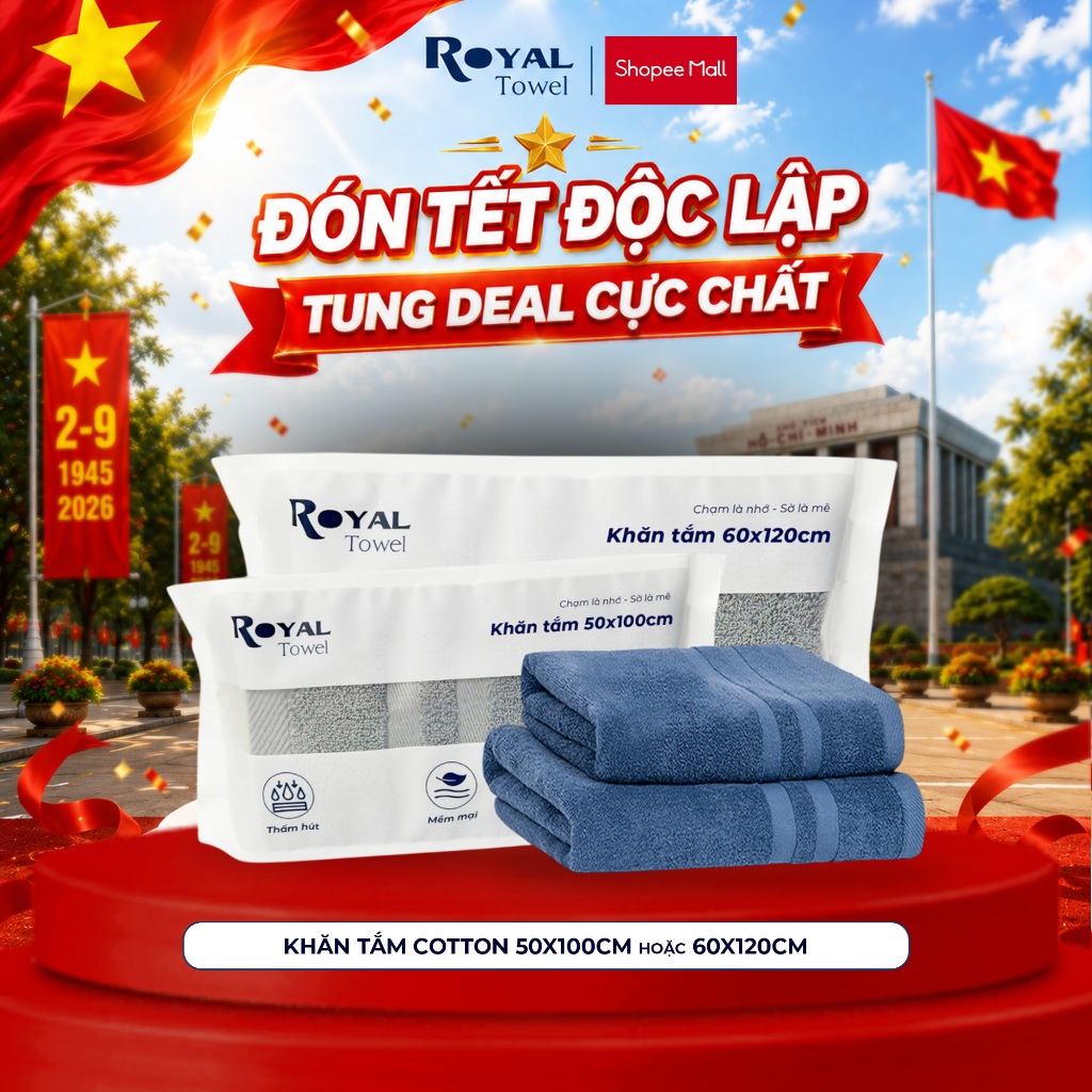 Khăn Tắm Royal Towel 50x100cm Hoặc 60x120cm Sợi Cotton Mềm Mịn, Thấm Hút Tốt, Không Xổ Lông, Không Phai Màu