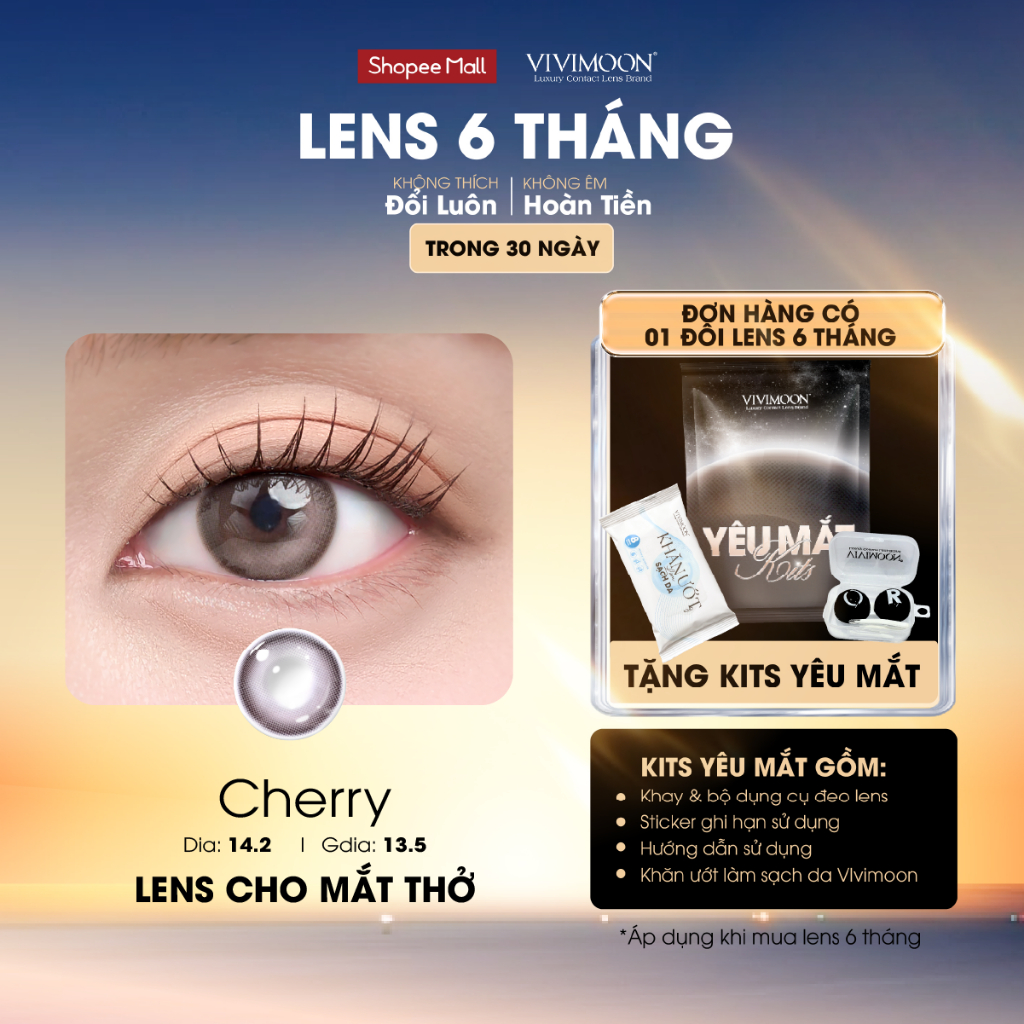 Kính áp tròng VIVIMOON LENSPRESSO cận nâu xám hồng cho mắt thở CHERRY, lens 06 tháng