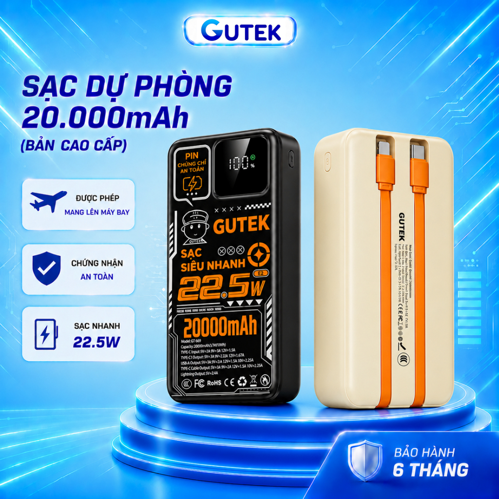 Sạc dự phòng 50000mAh sạc nhanh 22,5w dung lượng pin lớn có dây cắm nhiều điện thoại - Gutek GT230 – ảnh mô tả chi tiết 10