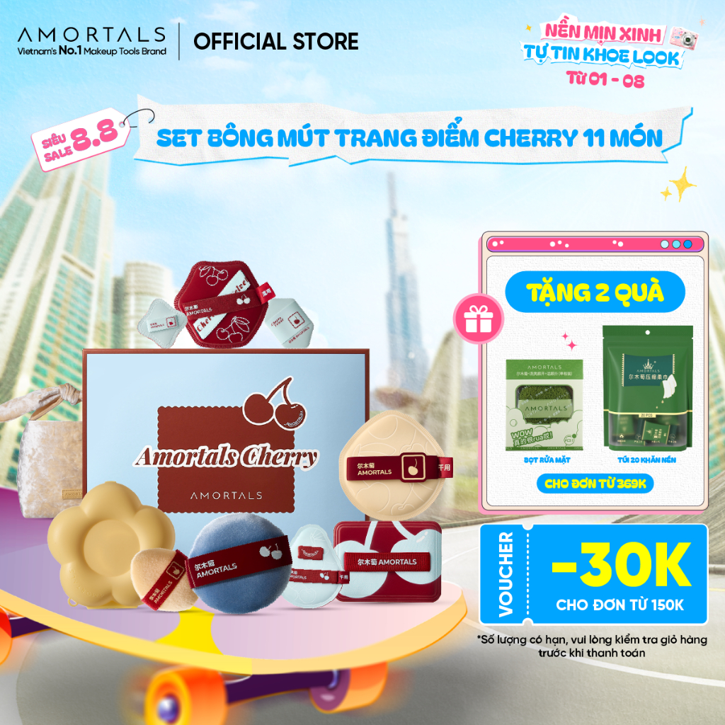 Bộ 11 Bông Mút Trang Điểm AMORTALS Cherry All In – Bộ Mút Makeup Đầy Đủ Khô & Ướt, Tán Nền Mịn Căng Bóng, Dễ Dùng