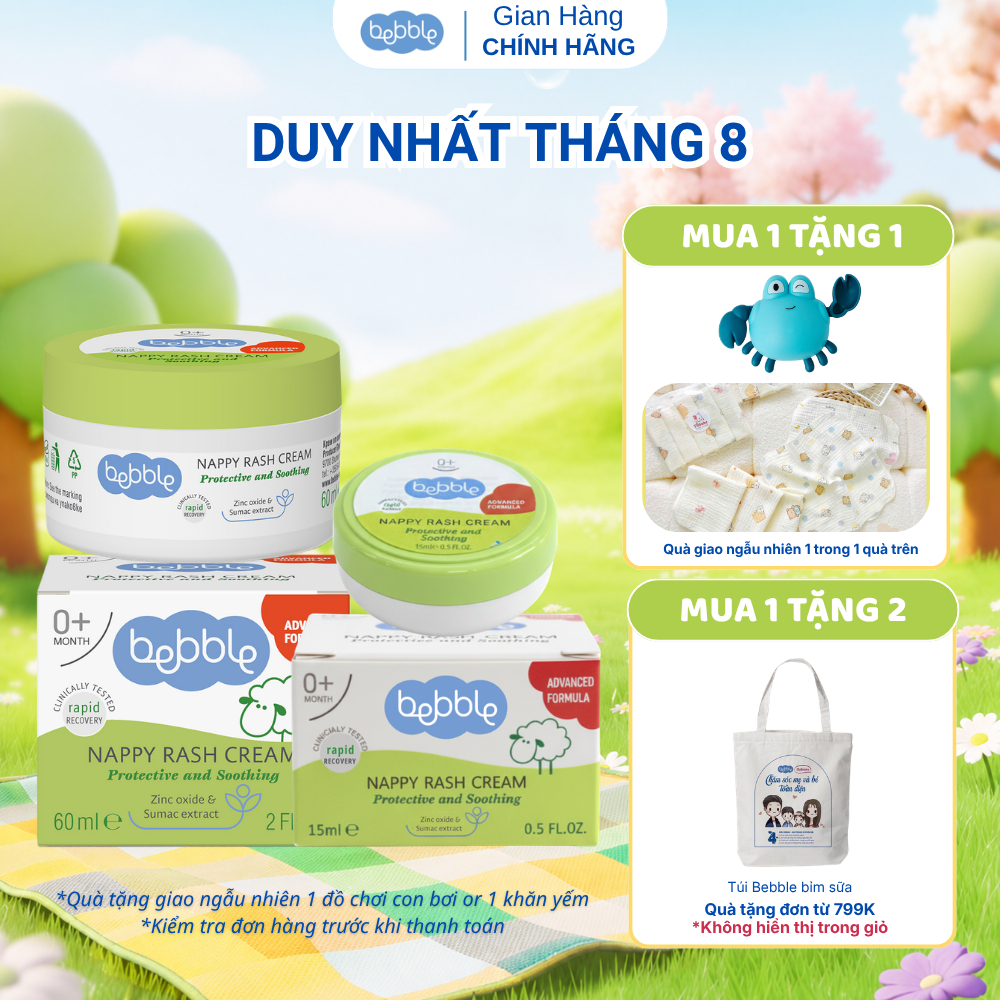 Kem hăm tã Bebble Nappy Rash Cream có 2 size, dịu da tức thì, làm dịu vết côn trùng đốt, dùng cho bé từ 0 tháng tuổi