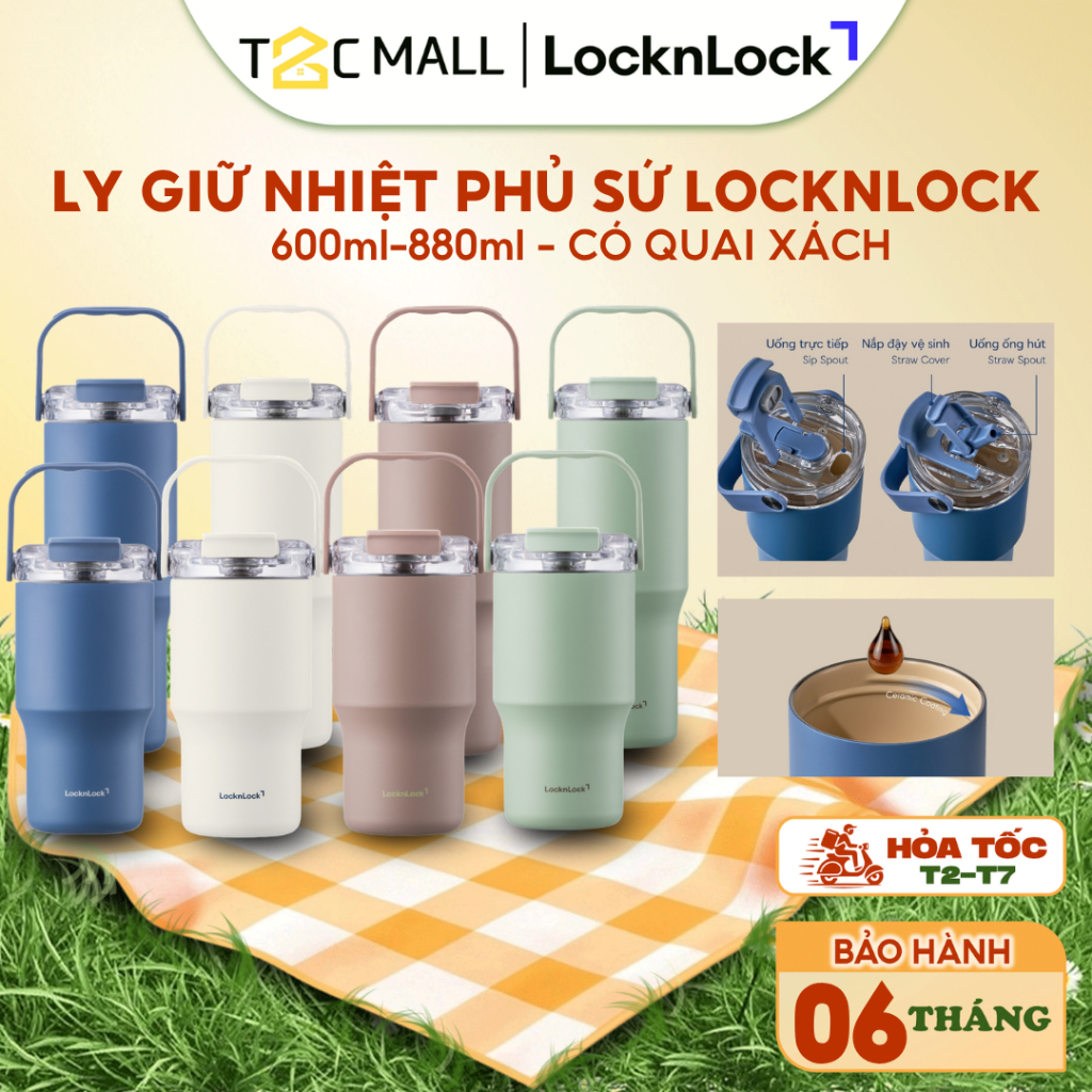 Bình giữ nhiệt LocknLock phủ sứ Straw & Sip Ceramic Tumbler LHC4430 600ml / LHC4431 880ml kèm ống hút-T2CMALL