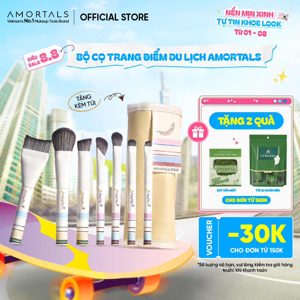 Bộ Cọ Trang Điểm Amortals 7 Cây Du Lịch – Lông Mềm Mịn, Nhỏ Gọn Tiện Mang Theo, Full Makeup