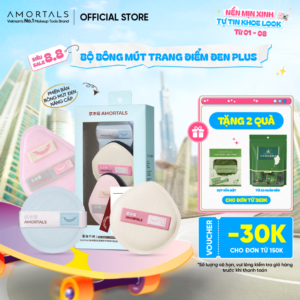 Bộ Bông Mút Trang Điểm Plus Đen Amortals – Mút Rubycell Dày 20mm, Che Phủ Cao, Không Hút Kem, Kèm Mút Phấn Phủ