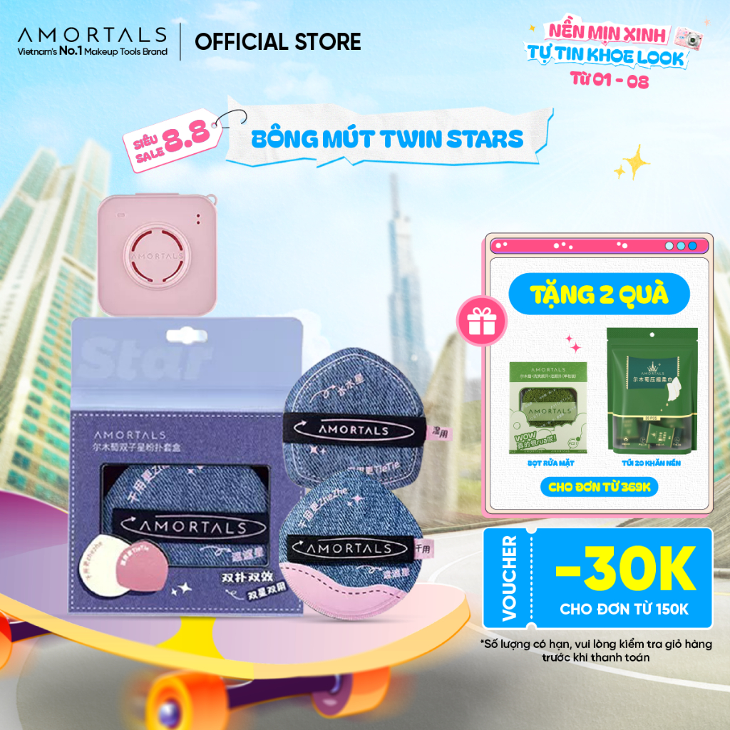 Bông mút Amortals TWIN STARS mút đánh nền thoáng khí đàn hồi cao kèm hộp đựng Cosmetic Mỹ Phẩm Nữ