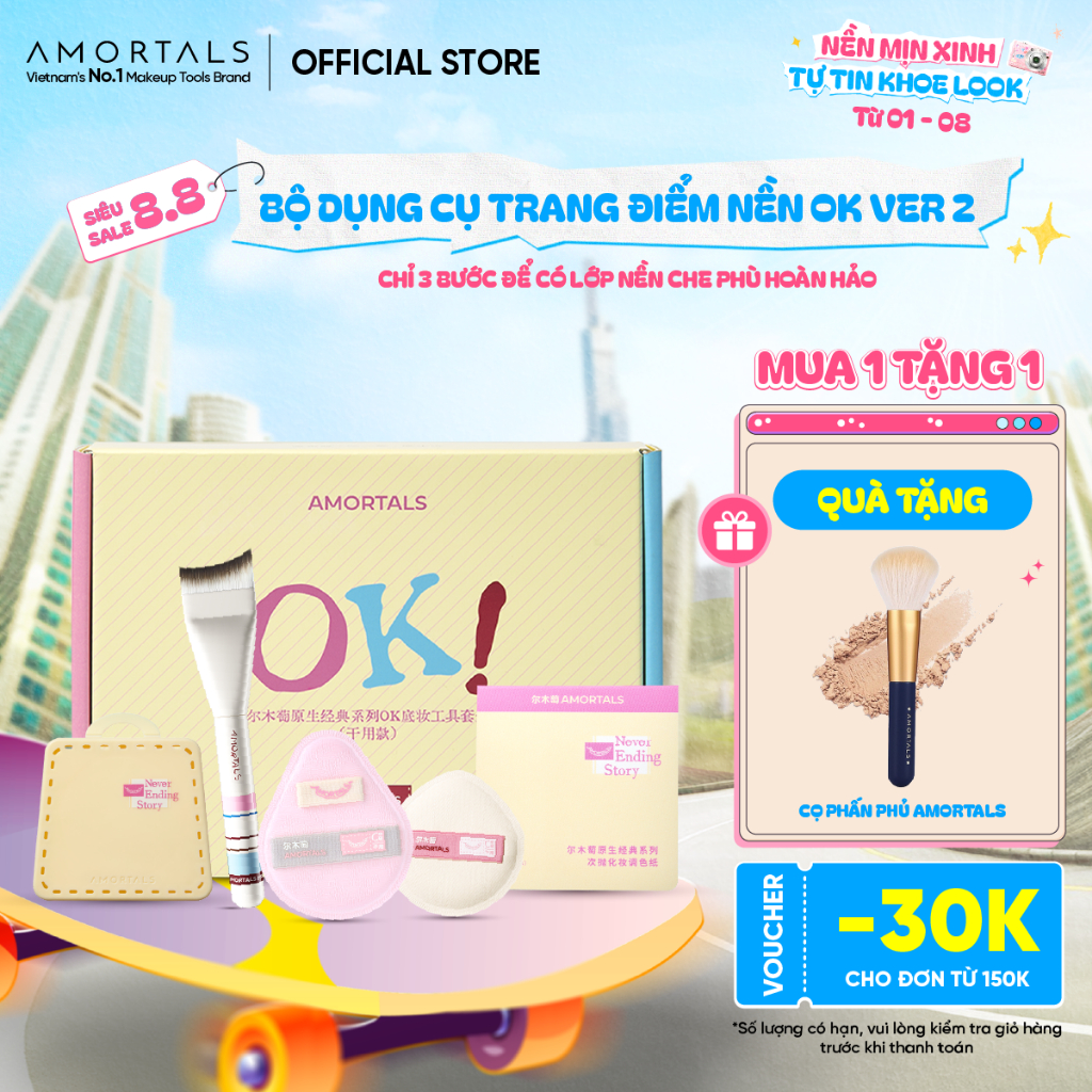 Bộ Bông Mút & Cọ Tán Nền Amortals OK Ver 2 Dùng Khô – Dễ dàng tạo lớp nền mịn mướt, độ che phủ cao, Mekup nhanh
