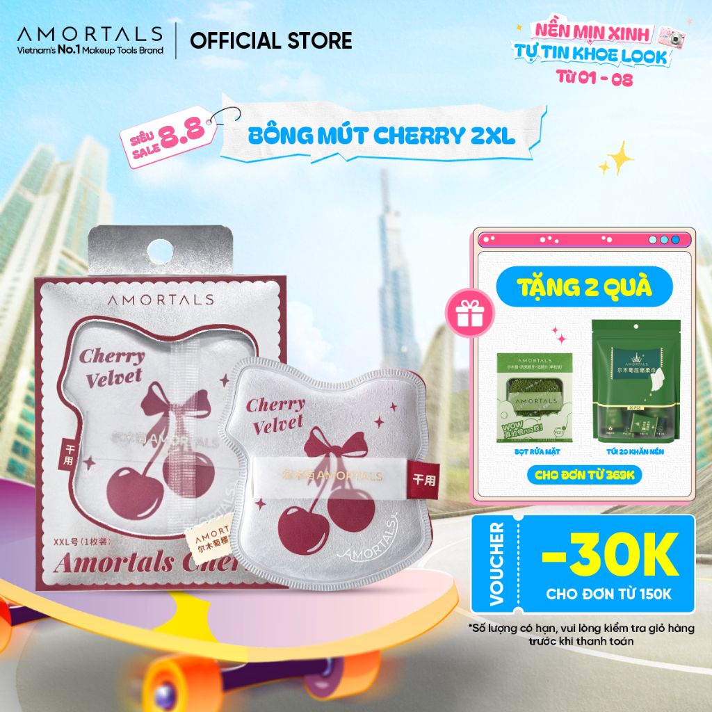 Bông Mút Trang Điểm Amortals Cherry Velvet Size 2XL – Bề Mặt Nhung Mịn, Mút Dày Đàn Hồi, Dặm Nền Nhanh, Không Hút Kem