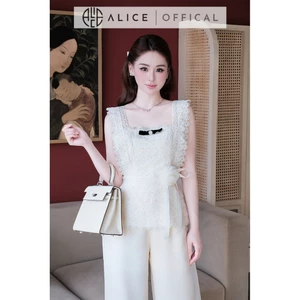 Set Công Sở 2 Chi Tiết Alice, Áo Ren 2 Dây Bản To Đính Nơ & Hoa Phối Quần Lụa Ống Đứng Cạp Cao S1117