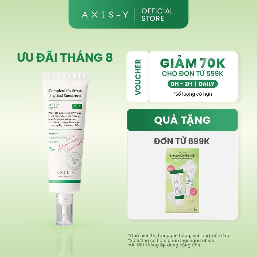 AXIS-Y Kem chống nắng Vật Lý Dịu Da Thuần Chay 2% Niacinamide SPF50+ PA++++ (V.3) | Complete No-Stress Physica