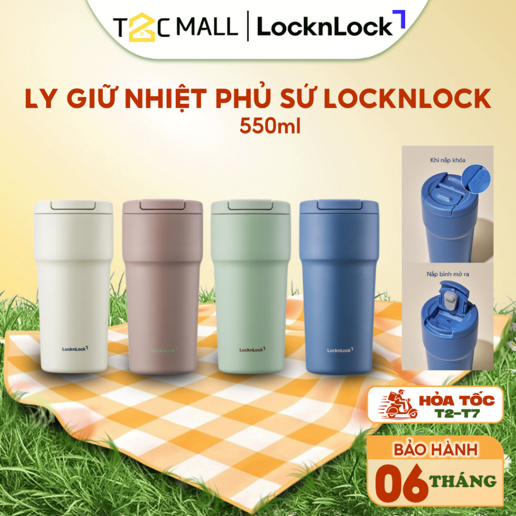 Ly giữ nhiệt phủ sứ LocknLock Ceramic Tumbler LHC4130 550ml, Hàng Chính Hãng, nắp kín, mở 1 chạm - T2CMALL