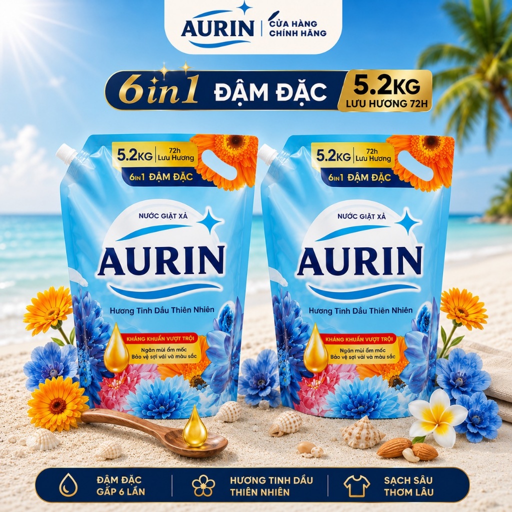 [Túi 5.2Kg] Nước Giặt Xả Đậm Đặc AURIN Hương Tinh Dầu Thiên Nhiên, Sạch Thơm Toàn Diện, Bền Màu, An Toàn Cho Da
