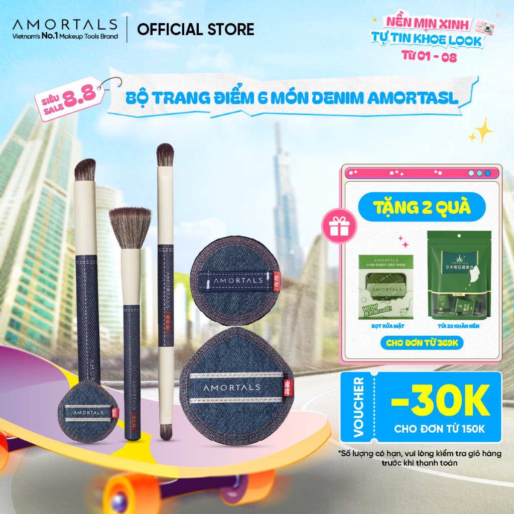 Bộ Trang Điểm 6 Món Denim Amortals, Thiết Kế Dễ Dùng Cho Người Mới, Dùng Cho Cả Phấn Bột & Kem