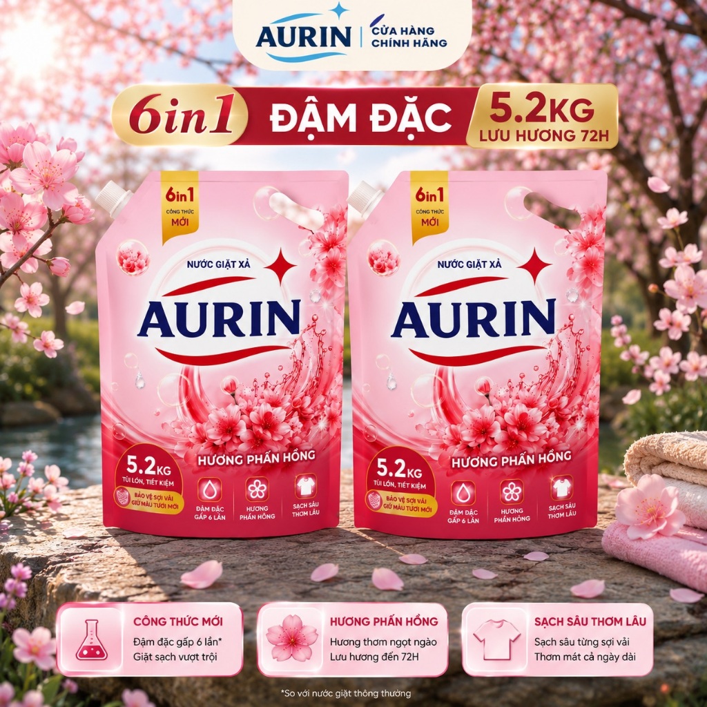 [Công Thức Mới] Nước Giặt Xả Đậm Đặc AURIN Hương Phấn Hồng Lưu Hương Sạch Vượt Trội Khử Mùi Bền Vải