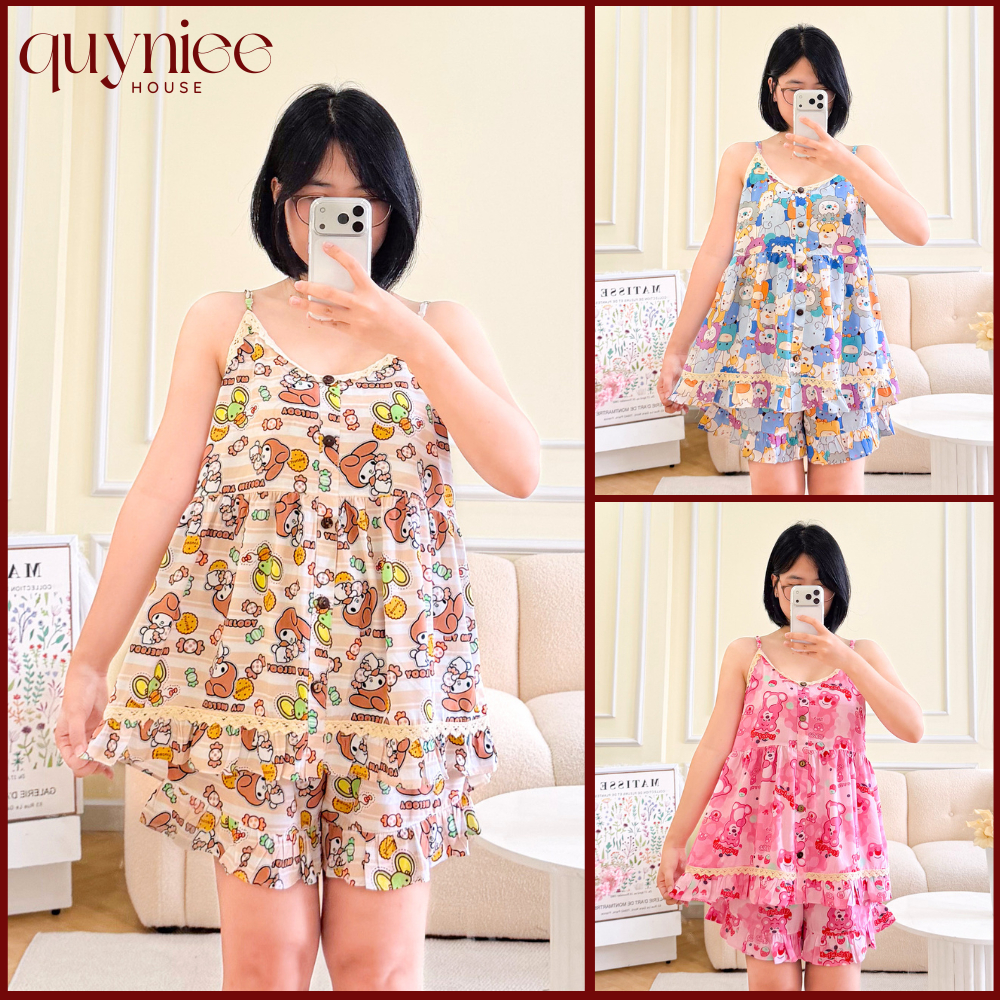 [NÚT KIỂU] Bộ Tole Đùi Hai Dây Nhí Phối Bèo Nút 42-75Kg, Tole Mềm Mát Siêu Dễ Thương - Quyniee House