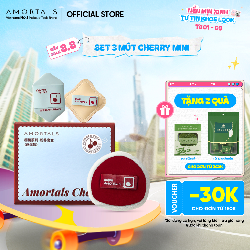 Set 3 Bông Mút Trang Điểm Mini Cherry AMORTALS – Tán Nền Chi Tiết, Không Vết, Makeup Trong Veo, Bộ 3 Mút Đa Năng (NBR +