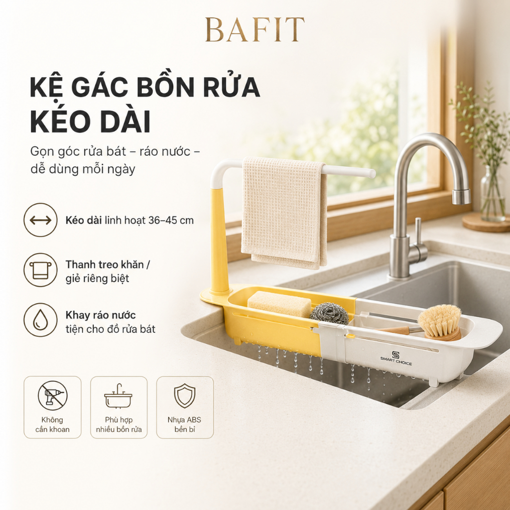 Kệ Để Đồ Rửa Chén Kéo Dài 36-45cm Giá Để Giẻ Rửa Bát Nhựa ABS Ráo Nước Gọn Góc Bếp Tiện Lợi