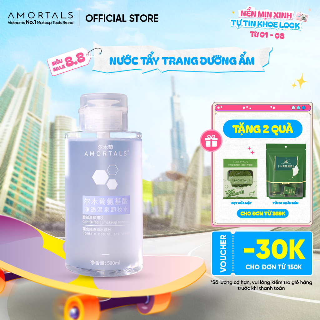 Nước Tẩy Trang Dưỡng Ẩm Sạch Sâu Amortals - Dịu Nhẹ Không Cay Mắt Phù Hợp Da Nhạy Cảm, Dung Tích 500ml