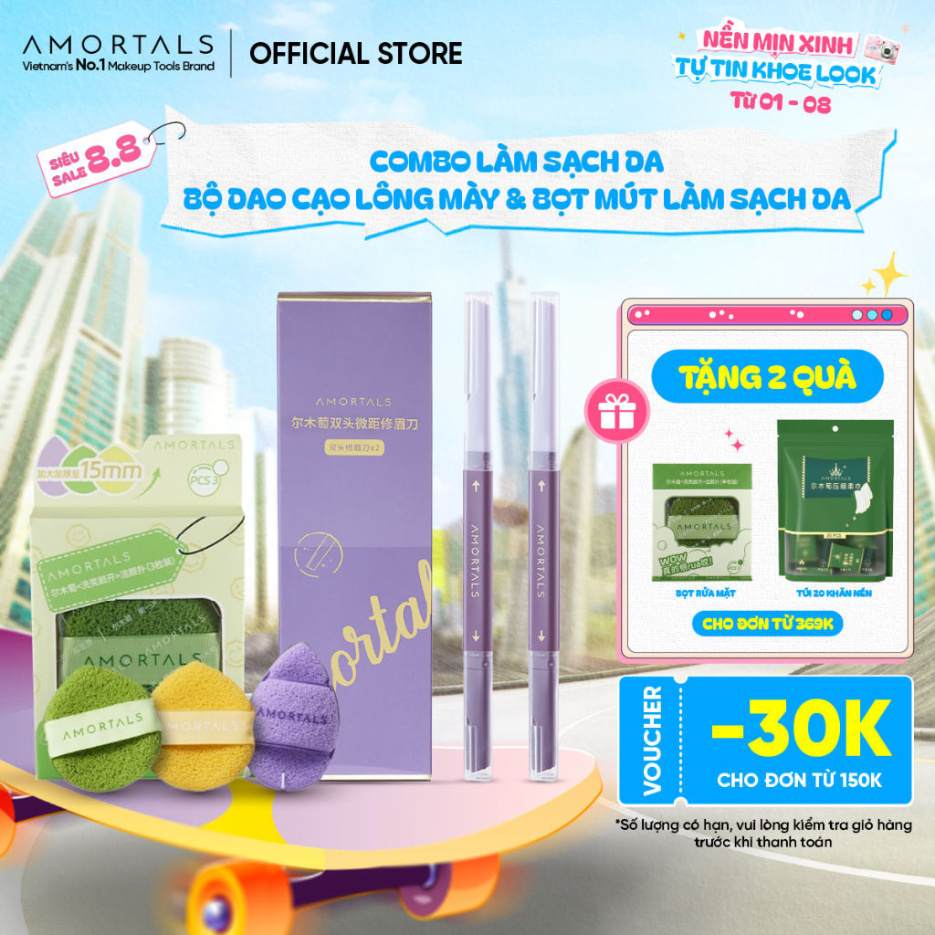 Combo Giúp Làm Sạch Da Amortals - Bọt Rửa Mặt Sạch Dâu + Dao Cạo Đa Năng 2 Đầu, Da Sạch Sáng Khỏe