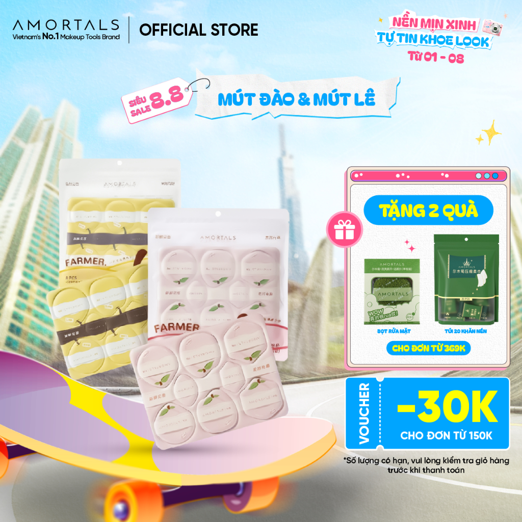 Set 8 Mút Tự Xé AMORTALS Peach Farm Dùng Khô Ướt, Thiết Kế Vỉ, Siêu Mềm, Tiện Dụng