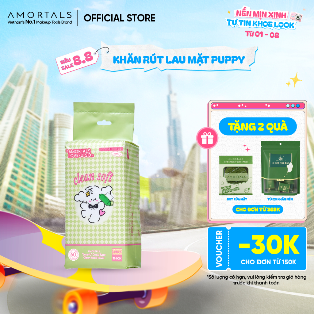 Túi 60 Khăn Mặt Đa Năng Puppy AMORTALS Dạng Rút Tiện lợi, Khăn Mềm Mại, Thân Thiện Với Da, Dùng Một Lần