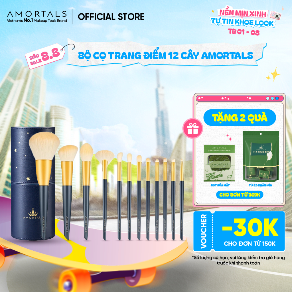 Bộ Cọ Trang Điểm 12 Cây AMORTALS Chính Hãng - Đa Năng, Chất Lượng Cao, Kèm Hộp Đựng