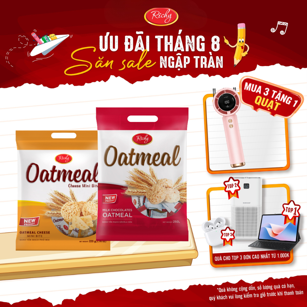 [Mua 3 Tặng 1 Quạt] Bánh Yến mạch Richy túi 220g 250g Mini Bite (Sữa/Phô Mai)