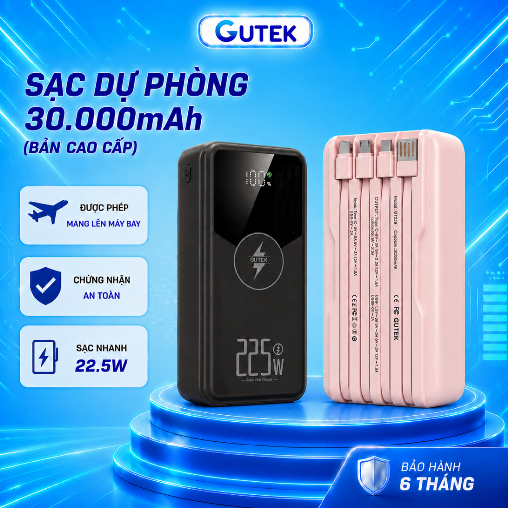 Sạc dự phòng 50000mAh sạc nhanh 22,5w dung lượng pin lớn có dây cắm nhiều điện thoại - Gutek GT230 – ảnh mô tả chi tiết 7