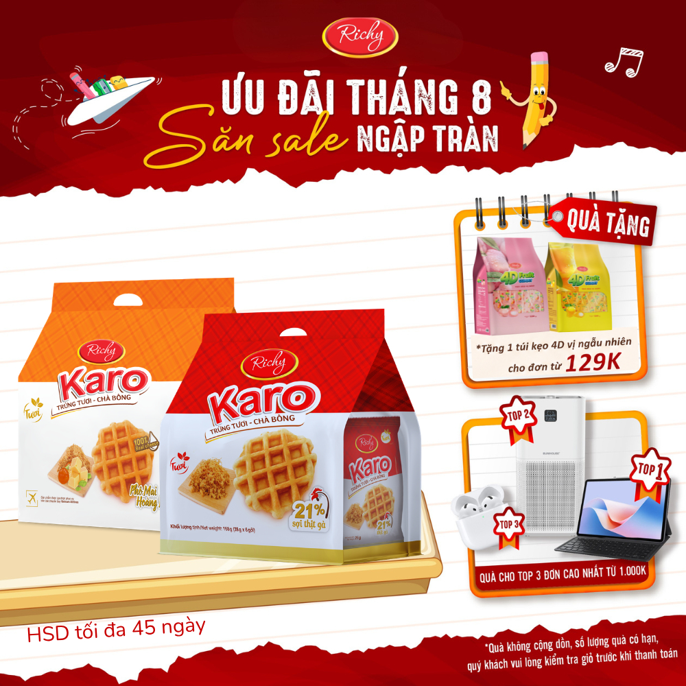 [HỎA TỐC HN] [Quà Tặng Đơn 129k] Combo 2 Bịch Bánh Richy Karo Hoàng Kim Phô Mai, Sợi Gà Truyền Thống & Trứng Sữa