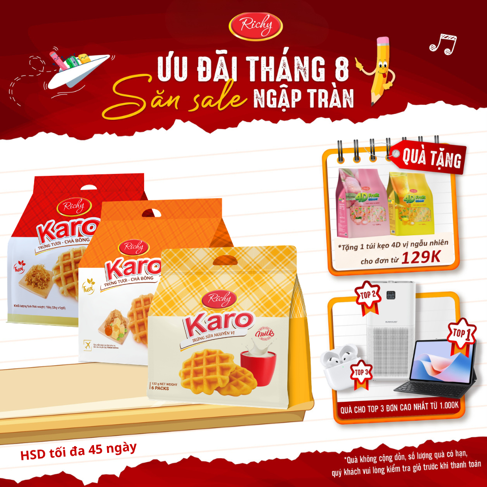 [GIAO NHANH] [Quà Tặng Đơn 129k] Bánh Karo Richy Vị Phô Mai Hoàng Kim, Trứng Tươi Chà Bông & Trứng Sữa