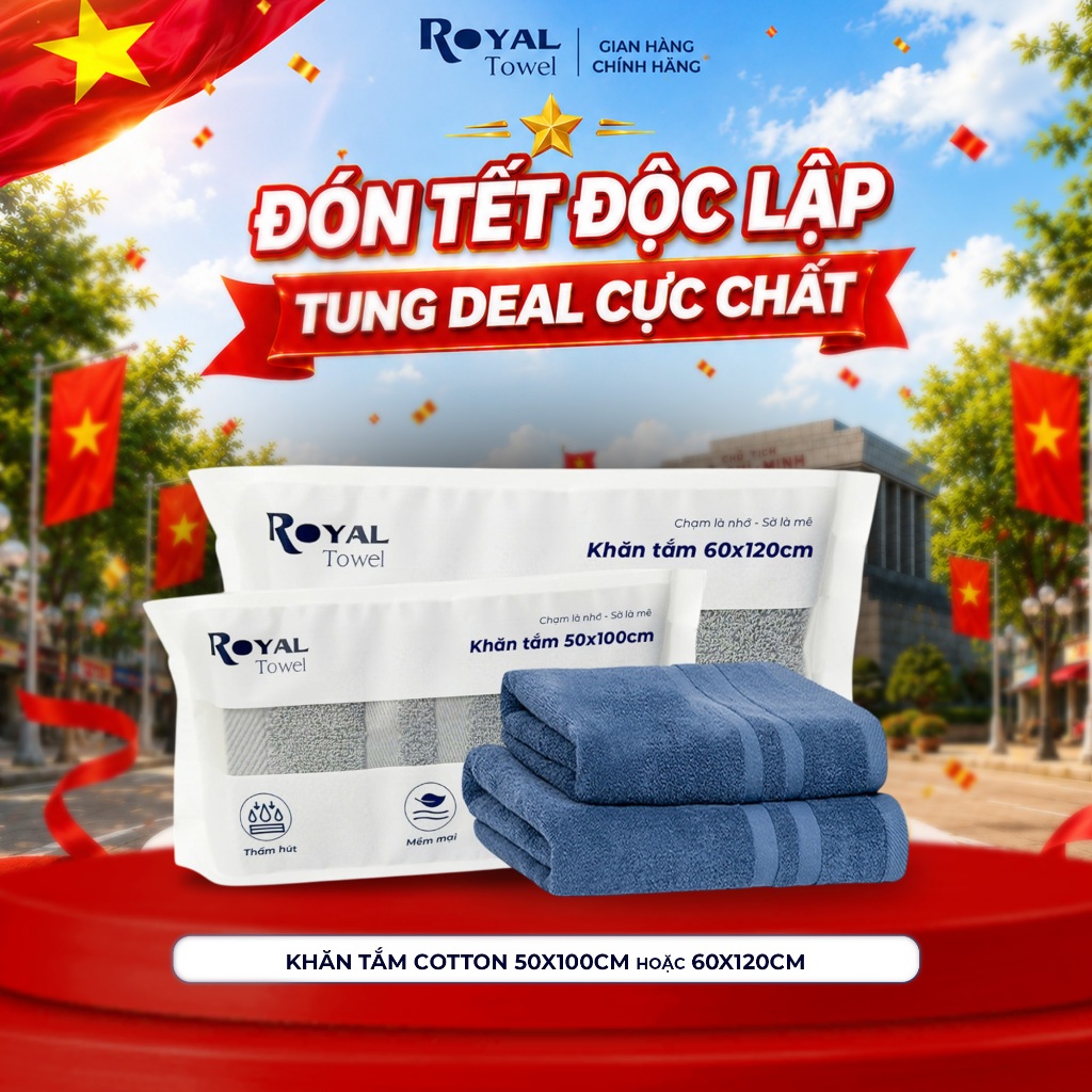 Khăn Tắm Royal Towel 50x100cm Hoặc 60x120cm Sợi Cotton Mềm Mịn, Thấm Hút Tốt, Không Xổ Lông, Không Phai Màu
