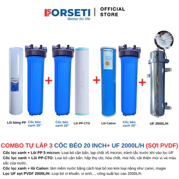Bộ Lọc Tổng Sinh Hoạt Đầu Nguồn tự lắp gồm 3 cốc béo 20inch lõi PP, CTO, Cation và Siêu lọc UF công suất 2000-5000L/H